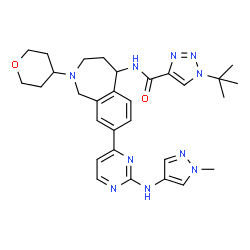ChemSpider 2D Image | 1-(2-Methyl-2-propanyl)-N-[8-{2-[(1-methyl-1H-pyrazol-4-yl)amino]-4-pyrimidinyl}-2-(tetrahydro-2H-pyran-4-yl)-2,3,4,5-tetrahydro-1H-2-benzazepin-5-yl]-1H-1,2,3-triazole-4-carboxamide | C30H38N10O2