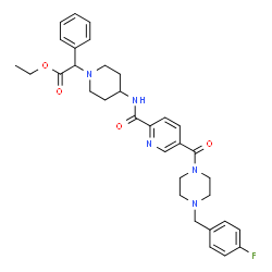 ChemSpider 2D Image | Ethyl (4-{[(5-{[4-(4-fluorobenzyl)-1-piperazinyl]carbonyl}-2-pyridinyl)carbonyl]amino}-1-piperidinyl)(phenyl)acetate | C33H38FN5O4