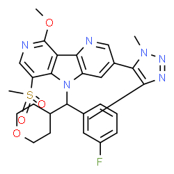 ChemSpider 2D Image | 3-(1,4-Dimethyl-1H-1,2,3-triazol-5-yl)-5-[(3-fluorophenyl)(tetrahydro-2H-pyran-4-yl)methyl]-9-methoxy-6-(methylsulfonyl)-5H-pyrido[3',4':4,5]pyrrolo[3,2-b]pyridine | C28H29FN6O4S