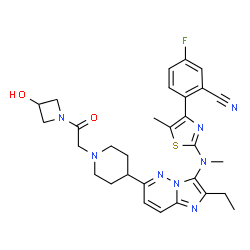 ChemSpider 2D Image | 2-{2-[(2-Ethyl-6-{1-[2-(3-hydroxy-1-azetidinyl)-2-oxoethyl]-4-piperidinyl}imidazo[1,2-b]pyridazin-3-yl)(methyl)amino]-5-methyl-1,3-thiazol-4-yl}-5-fluorobenzonitrile | C30H33FN8O2S