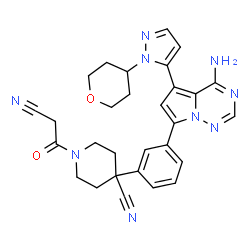 ChemSpider 2D Image | 4-(3-{4-Amino-5-[1-(tetrahydro-2H-pyran-4-yl)-1H-pyrazol-5-yl]pyrrolo[2,1-f][1,2,4]triazin-7-yl}phenyl)-1-(cyanoacetyl)-4-piperidinecarbonitrile | C29H29N9O2