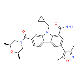 ChemSpider 2D Image | 9-(Cyclopropylmethyl)-7-{[(2R,6S)-2,6-dimethyl-4-morpholinyl]carbonyl}-3-(3,5-dimethyl-1,2-oxazol-4-yl)-9H-carbazole-1-carboxamide | C29H32N4O4