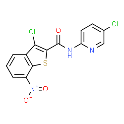 ChemSpider 2D Image | benzo[b]thiophene-2-carboxamide, 3-chloro-N-(5-chloro-2-pyridinyl)-7-nitro- | C14H7Cl2N3O3S
