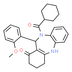 ChemSpider 2D Image | 10-(Cyclohexylcarbonyl)-11-(2-methoxyphenyl)-2,3,4,5,10,11-hexahydro-1H-dibenzo[b,e][1,4]diazepin-1-one | C27H30N2O3