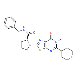 ChemSpider 2D Image | N-Benzyl-1-[6-methyl-7-oxo-5-(tetrahydro-2H-pyran-4-yl)-6,7-dihydro[1,3]thiazolo[5,4-d]pyrimidin-2-yl]-L-prolinamide | C23H27N5O3S