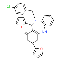 ChemSpider 2D Image | 10-(4-Chlorobenzyl)-3,11-di(2-furyl)-2,3,4,5,10,11-hexahydro-1H-dibenzo[b,e][1,4]diazepin-1-one | C28H23ClN2O3