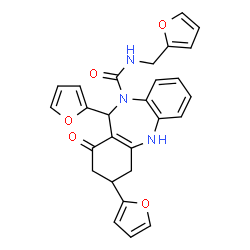 ChemSpider 2D Image | 3,11-Di(2-furyl)-N-(2-furylmethyl)-1-oxo-1,2,3,4,5,11-hexahydro-10H-dibenzo[b,e][1,4]diazepine-10-carboxamide | C27H23N3O5