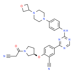 ChemSpider 2D Image | 2-{[(3R)-1-(Cyanoacetyl)-3-pyrrolidinyl]oxy}-5-[4-({4-[4-(3-oxetanyl)-1-piperazinyl]phenyl}amino)-1,3,5-triazin-2-yl]benzonitrile | C30H31N9O3
