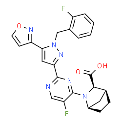 ChemSpider 2D Image | (1R,3R,4S)-2-{5-Fluoro-2-[1-(2-fluorobenzyl)-5-(1,2-oxazol-3-yl)-1H-pyrazol-3-yl]-4-pyrimidinyl}-2-azabicyclo[2.2.1]heptane-3-carboxylic acid | C24H20F2N6O3