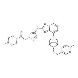 ChemSpider 2D Image | 1-(4-Methyl-1-piperazinyl)-2-{4-[(8-{(8-syn)-8-[(6-methyl-3-pyridinyl)methoxy]-3-azabicyclo[3.2.1]oct-3-yl}[1,2,4]triazolo[1,5-a]pyridin-2-yl)amino]-1H-pyrazol-1-yl}ethanone | C30H38N10O2