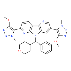 ChemSpider 2D Image | 3,7-Bis(4-methoxy-1-methyl-1H-1,2,3-triazol-5-yl)-5-[(S)-phenyl(tetrahydro-2H-pyran-4-yl)methyl]-5H-pyrido[2',3':4,5]pyrrolo[2,3-b]pyridine | C30H31N9O3