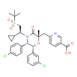 ChemSpider 2D Image | 6-{[(2S,5S,6R)-6-(3-Chlorophenyl)-5-(4-chlorophenyl)-4-{(1S)-1-cyclopropyl-2-[(2-methyl-2-propanyl)sulfonyl]ethyl}-2-methyl-3-oxo-2-morpholinyl]methyl}nicotinic acid | C33H36Cl2N2O6S
