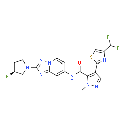 ChemSpider 2D Image | 4-[4-(Difluoromethyl)-1,3-thiazol-2-yl]-N-{2-[(3S)-3-fluoro-1-pyrrolidinyl][1,2,4]triazolo[1,5-a]pyridin-7-yl}-1-methyl-1H-pyrazole-5-carboxamide | C19H17F3N8OS