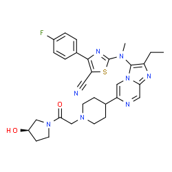ChemSpider 2D Image | 2-{[2-Ethyl-6-(1-{2-[(3R)-3-hydroxy-1-pyrrolidinyl]-2-oxoethyl}-4-piperidinyl)imidazo[1,2-a]pyrazin-3-yl](methyl)amino}-4-(4-fluorophenyl)-1,3-thiazole-5-carbonitrile | C30H33FN8O2S