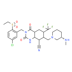 ChemSpider 2D Image | 3-[5-Chloro-2-(ethylsulfonyl)benzyl]-7-{[(3S)-3-(methylamino)-1-piperidinyl]methyl}-2,4-dioxo-6-(trifluoromethyl)decahydro-8-quinazolinecarbonitrile | C26H33ClF3N5O4S