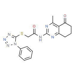 ChemSpider 2D Image | N-(4-Methyl-5-oxo-5,6,7,8-tetrahydro-2-quinazolinyl)-2-[(1-phenyl-1H-tetrazol-5-yl)sulfanyl]acetamide | C18H17N7O2S