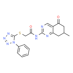 ChemSpider 2D Image | N-(7-Methyl-5-oxo-5,6,7,8-tetrahydro-2-quinazolinyl)-2-[(1-phenyl-1H-tetrazol-5-yl)sulfanyl]acetamide | C18H17N7O2S