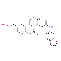ChemSpider 2D Image | N-(1,3-Benzodioxol-5-yl)-2-(1-{[4-(2-hydroxyethyl)-1-piperazinyl]acetyl}-3-oxo-2-piperazinyl)acetamide | C21H29N5O6