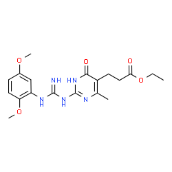 ChemSpider 2D Image | Ethyl 3-{2-[N'-(2,5-dimethoxyphenyl)carbamimidamido]-4-methyl-6-oxo-1,6-dihydro-5-pyrimidinyl}propanoate | C19H25N5O5