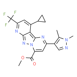 ChemSpider 2D Image | Methyl 10-cyclopropyl-2-(1,5-dimethyl-1H-pyrazol-4-yl)-8-(trifluoromethyl)pyrido[2',3':3,4]pyrazolo[1,5-a]pyrimidine-4-carboxylate | C20H17F3N6O2