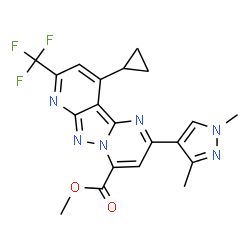 ChemSpider 2D Image | Methyl 10-cyclopropyl-2-(1,3-dimethyl-1H-pyrazol-4-yl)-8-(trifluoromethyl)pyrido[2',3':3,4]pyrazolo[1,5-a]pyrimidine-4-carboxylate | C20H17F3N6O2