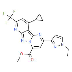 ChemSpider 2D Image | Methyl 10-cyclopropyl-2-(1-ethyl-1H-pyrazol-3-yl)-8-(trifluoromethyl)pyrido[2',3':3,4]pyrazolo[1,5-a]pyrimidine-4-carboxylate | C20H17F3N6O2