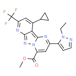 ChemSpider 2D Image | Methyl 10-cyclopropyl-2-(1-ethyl-1H-pyrazol-5-yl)-8-(trifluoromethyl)pyrido[2',3':3,4]pyrazolo[1,5-a]pyrimidine-4-carboxylate | C20H17F3N6O2