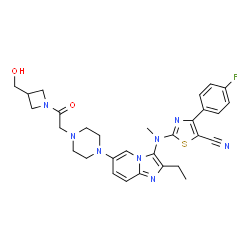 ChemSpider 2D Image | 2-{[2-Ethyl-6-(4-{2-[3-(hydroxymethyl)-1-azetidinyl]-2-oxoethyl}-1-piperazinyl)imidazo[1,2-a]pyridin-3-yl](methyl)amino}-4-(4-fluorophenyl)-1,3-thiazole-5-carbonitrile | C30H33FN8O2S