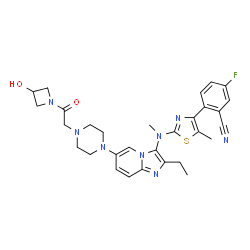 ChemSpider 2D Image | 2-{2-[(2-Ethyl-6-{4-[2-(3-hydroxy-1-azetidinyl)-2-oxoethyl]-1-piperazinyl}imidazo[1,2-a]pyridin-3-yl)(methyl)amino]-5-methyl-1,3-thiazol-4-yl}-5-fluorobenzonitrile | C30H33FN8O2S