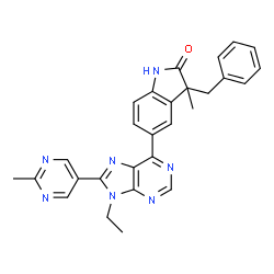 ChemSpider 2D Image | 3-Benzyl-5-[9-ethyl-8-(2-methyl-5-pyrimidinyl)-9H-purin-6-yl]-3-methyl-1,3-dihydro-2H-indol-2-one | C28H25N7O