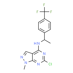 ChemSpider 2D Image | 6-Chloro-1-methyl-N-{1-[4-(trifluoromethyl)phenyl]ethyl}-1H-pyrazolo[3,4-d]pyrimidin-4-amine | C15H13ClF3N5
