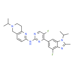 ChemSpider 2D Image | N-[5-Fluoro-4-(4-fluoro-1-isopropyl-2-methyl-1H-benzimidazol-6-yl)-2-pyrimidinyl]-6-isopropyl-5,6,7,8-tetrahydro-1,6-naphthyridin-2-amine | C26H29F2N7