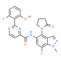 ChemSpider 2D Image | 2-(2-Fluoro-6-methoxyphenyl)-N-[7-fluoro-1-methyl-4-(2-oxo-1-pyrrolidinyl)-1H-indazol-5-yl]-4-pyrimidinecarboxamide | C24H20F2N6O3