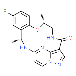 ChemSpider 2D Image | (3R,11R)-6-Fluoro-3,11-dimethyl-10-oxa-2,13,17,18,21-pentaazatetracyclo[13.5.2.0~4,9~.0~18,22~]docosa-1(21),4,6,8,15(22),16,19-heptaen-14-one | C18H18FN5O2