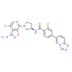 ChemSpider 2D Image | N-[(3R)-1-(3-Amino-4-chloro[1,2]oxazolo[5,4-c]pyridin-7-yl)-3-pyrrolidinyl]-2-chloro-4-([1,2,4]triazolo[4,3-a]pyridin-6-yl)benzamide | C23H18Cl2N8O2