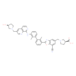 ChemSpider 2D Image | (3S)-1-[(7-Cyano-2-{3'-[(3-{[(3S)-3-hydroxy-1-pyrrolidinyl]methyl}-1,7-naphthyridin-8-yl)amino]-2,2'-dimethyl-3-biphenylyl}-1,3-benzoxazol-5-yl)methyl]-3-pyrrolidinecarboxylic acid | C41H39N7O4