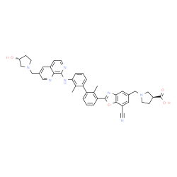 ChemSpider 2D Image | (3S)-1-[(7-Cyano-2-{3'-[(3-{[(3R)-3-hydroxy-1-pyrrolidinyl]methyl}-1,7-naphthyridin-8-yl)amino]-2,2'-dimethyl-3-biphenylyl}-1,3-benzoxazol-5-yl)methyl]-3-pyrrolidinecarboxylic acid | C41H39N7O4