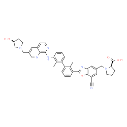 ChemSpider 2D Image | 1-[(7-Cyano-2-{3'-[(3-{[(3S)-3-hydroxy-1-pyrrolidinyl]methyl}-1,7-naphthyridin-8-yl)amino]-2,2'-dimethyl-3-biphenylyl}-1,3-benzoxazol-5-yl)methyl]-D-proline | C41H39N7O4