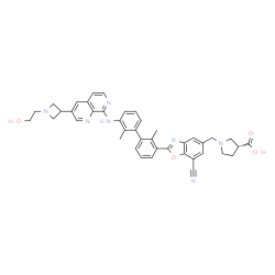 ChemSpider 2D Image | (3R)-1-({7-Cyano-2-[3'-({3-[1-(2-hydroxyethyl)-3-azetidinyl]-1,7-naphthyridin-8-yl}amino)-2,2'-dimethyl-3-biphenylyl]-1,3-benzoxazol-5-yl}methyl)-3-pyrrolidinecarboxylic acid | C41H39N7O4