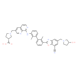 ChemSpider 2D Image | (3R)-1-[(8-{[3'-(7-Cyano-5-{[(3R)-3-hydroxy-1-pyrrolidinyl]methyl}-1,3-benzoxazol-2-yl)-2,2'-dimethyl-3-biphenylyl]amino}-1,7-naphthyridin-3-yl)methyl]-3-pyrrolidinecarboxylic acid | C41H39N7O4