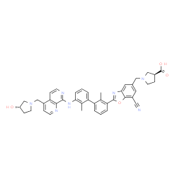 ChemSpider 2D Image | (3S)-1-[(7-Cyano-2-{3'-[(4-{[(3S)-3-hydroxy-1-pyrrolidinyl]methyl}-1,7-naphthyridin-8-yl)amino]-2,2'-dimethyl-3-biphenylyl}-1,3-benzoxazol-5-yl)methyl]-3-pyrrolidinecarboxylic acid | C41H39N7O4