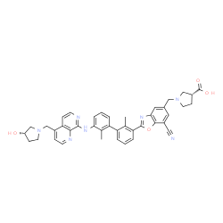 ChemSpider 2D Image | (3R)-1-[(7-Cyano-2-{3'-[(4-{[(3S)-3-hydroxy-1-pyrrolidinyl]methyl}-1,7-naphthyridin-8-yl)amino]-2,2'-dimethyl-3-biphenylyl}-1,3-benzoxazol-5-yl)methyl]-3-pyrrolidinecarboxylic acid | C41H39N7O4