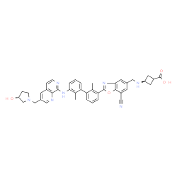 ChemSpider 2D Image | 3-{[(7-Cyano-2-{3'-[(3-{[(3R)-3-hydroxy-1-pyrrolidinyl]methyl}-1,7-naphthyridin-8-yl)amino]-2,2'-dimethyl-3-biphenylyl}-1,3-benzoxazol-5-yl)methyl]amino}cyclobutanecarboxylic acid | C41H39N7O4