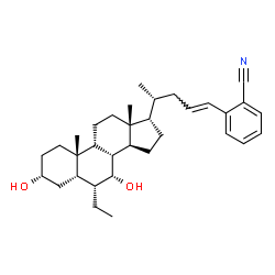 ChemSpider 2D Image | 2-[(3alpha,5beta,6alpha,7alpha,17alpha,23E)-6-Ethyl-3,7-dihydroxychol-23-en-24-yl]benzonitrile | C33H47NO2