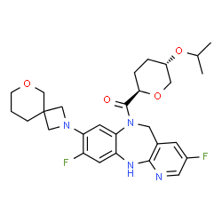 ChemSpider 2D Image | [3,9-Difluoro-8-(6-oxa-2-azaspiro[3.5]non-2-yl)-5,11-dihydro-6H-pyrido[2,3-b][1,5]benzodiazepin-6-yl][(2R,5S)-5-isopropoxytetrahydro-2H-pyran-2-yl]methanone (non-preferred name) | C28H34F2N4O4