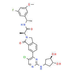 ChemSpider 2D Image | (2S)-2-[6-(5-Chloro-2-{[(3R,4R)-3,4-dihydroxycyclopentyl]amino}-4-pyrimidinyl)-1-oxo-1,3-dihydro-2H-isoindol-2-yl]-N-[(1S)-1-(3-fluoro-5-methoxyphenyl)ethyl]propanamide | C29H31ClFN5O5