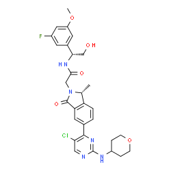 ChemSpider 2D Image | 2-{(1R)-5-[5-Chloro-2-(tetrahydro-2H-pyran-4-ylamino)-4-pyrimidinyl]-1-methyl-3-oxo-1,3-dihydro-2H-isoindol-2-yl}-N-[(1R)-1-(3-fluoro-5-methoxyphenyl)-2-hydroxyethyl]acetamide | C29H31ClFN5O5
