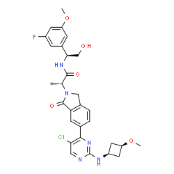 ChemSpider 2D Image | (2R)-2-(6-{5-Chloro-2-[(cis-3-methoxycyclobutyl)amino]-4-pyrimidinyl}-1-oxo-1,3-dihydro-2H-isoindol-2-yl)-N-[(1S)-1-(3-fluoro-5-methoxyphenyl)-2-hydroxyethyl]propanamide | C29H31ClFN5O5