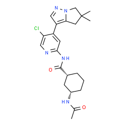 ChemSpider 2D Image | (1R,3S)-3-Acetamido-N-[5-chloro-4-(5,5-dimethyl-5,6-dihydro-4H-pyrrolo[1,2-b]pyrazol-3-yl)-2-pyridinyl]cyclohexanecarboxamide | C22H28ClN5O2