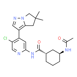 ChemSpider 2D Image | (1S,3S)-3-Acetamido-N-[5-chloro-4-(5,5-dimethyl-5,6-dihydro-4H-pyrrolo[1,2-b]pyrazol-3-yl)-2-pyridinyl]cyclohexanecarboxamide | C22H28ClN5O2